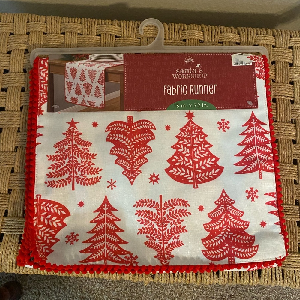 Santa’s Workshop Red and White Christmas TreeTable Runner. Reversible. NWT.